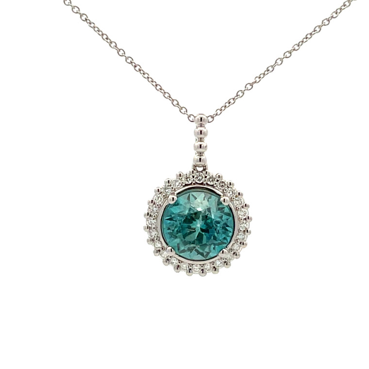 14K White Gold 4.18ct Circular Zircon Surrounded With 1/4tw Diamond Pendant 18" Chain Necklace