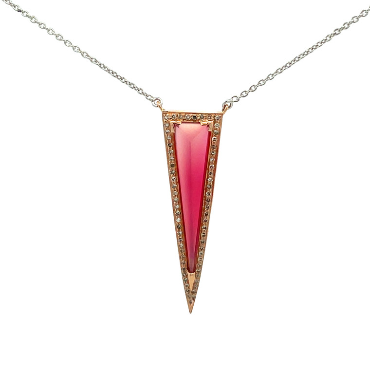 18K Gold Pink Chalcedony Triangular Spike Surrounded With 1/3tw Diamond Stationary Pendant 19" Chain Necklace