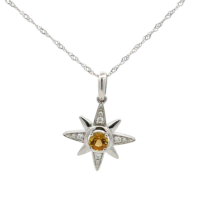 14K White Gold .24ct Yellow Tourmaline Circle with .05tw Diamond Rays North Star Pendant 18" Chain Necklace