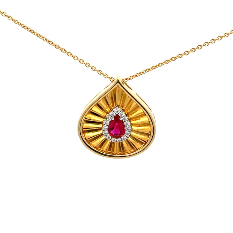 18K Gold .50ct Teardrop Ruby Surrounded with .11tw Diamond Teardrop Pear Shaped Pendant 17" Chain Necklace