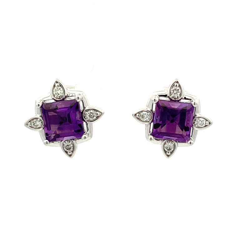 14K White Gold 2.08ct Amethyst Square with 1/8tw Diamond teardrops Post Earrings