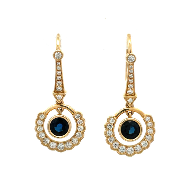 14K Gold 1.25ct Sapphire Circle Surrounded with 5/8tw Diamond Scalloped Circle Dangle Hook Earrings