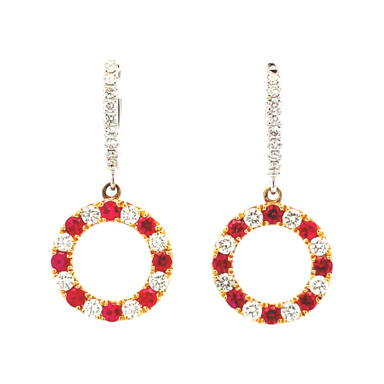 18K Gold Alternating 3/4ct Ruby and 3/4tw Diamond Circle Dangle with White Gold Huggie Hoop Earrings