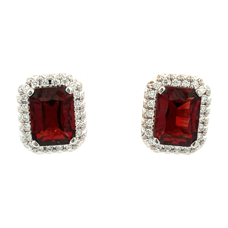 14K White Gold 3.27ct Garnet Rectangle Surrounded with 1/5tw Diamond Post Earrings