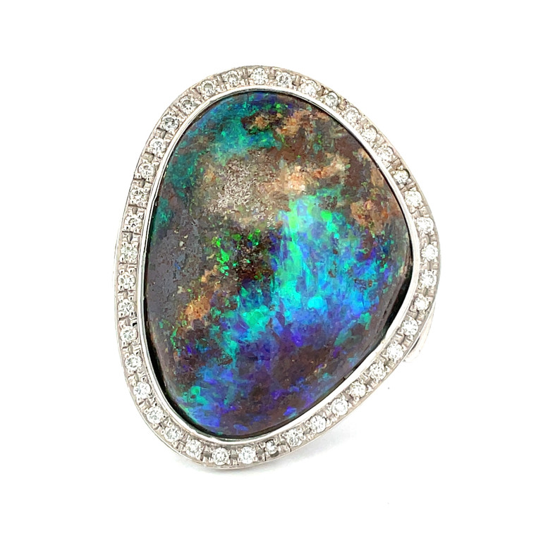 Platinum 26.4ct Boulder Opal with 0.32cttw Diamond Halo Cocktail Statement Ring Size 8.25