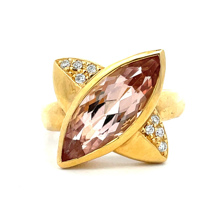 18K Yellow Gold Marquise 3.94ct Pink Topaz with 0.08cttw Diamond Accents Ring Size 6.5