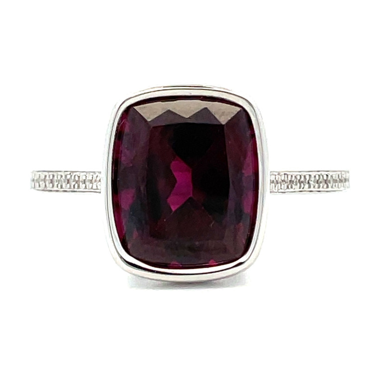 14K White Gold Cushion 4.52ct Rhodolite Garnet with 0.3cttw Diamond Accents Ring Size 7