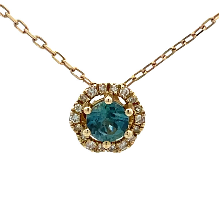 10K Yellow Gold Round Blue Montana Sapphire with Diamond Halo Necklace 18"