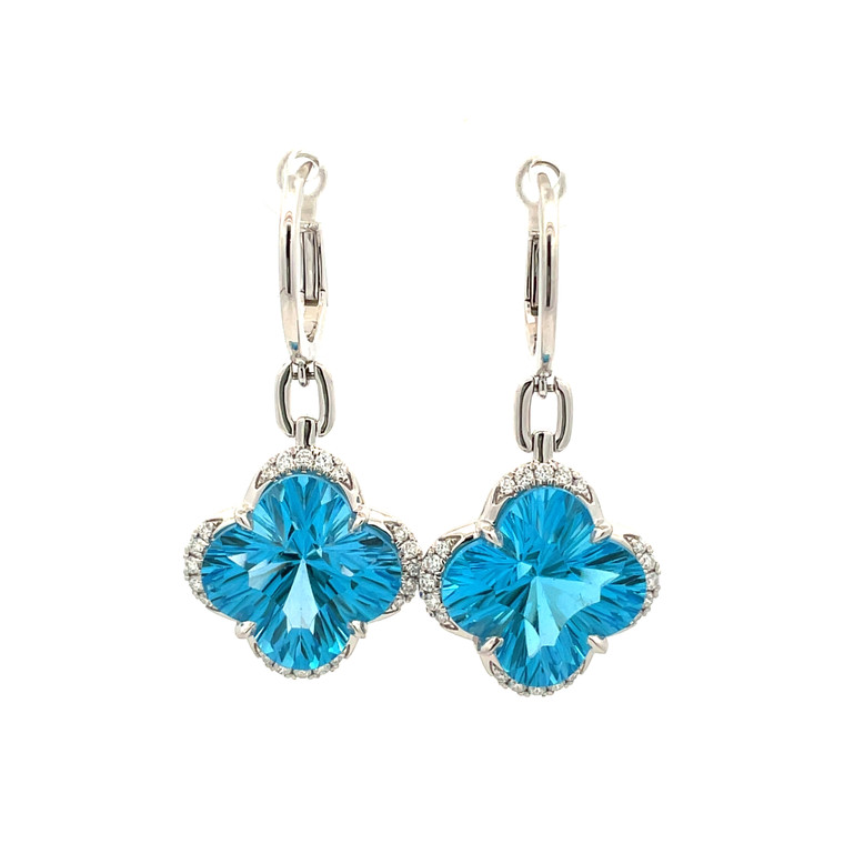 14K White Gold 18.23ct Blue Topaz Flower with 1/3tw Diamond Flower Petal Tips Lever Back Lock Earrings