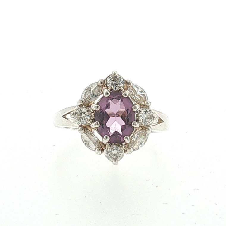 Sterling Silver Amethyst Oval Cut With CZ Halo Fashion Ring Size 7