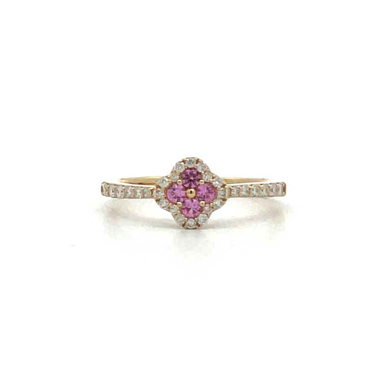 10K Gold Pink Topaz Flower Surrounded with Diamonds Ring Size 6.5