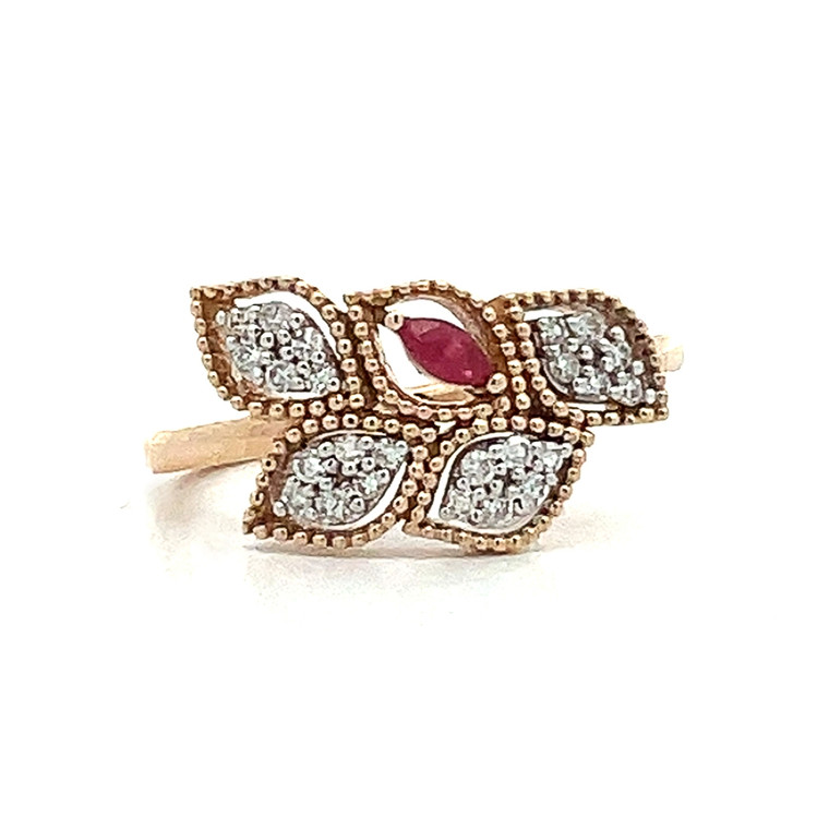 10K Gold Ruby Leaf with Multi-Diamond Leaves Ring Size 7.25