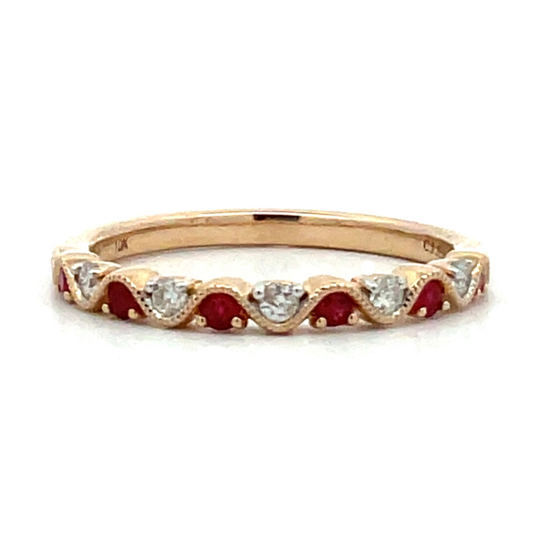10K Gold Alternating Ruby Circle and Diamond Circle Ornate Ring Size 7