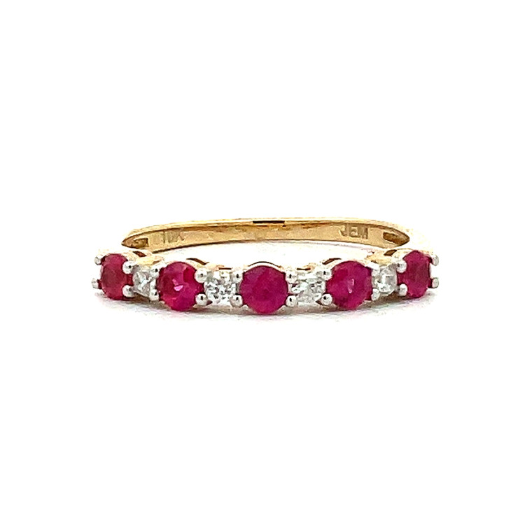 10K Gold Alternating Light Ruby Circle and Diamond Circle Ring Size 7