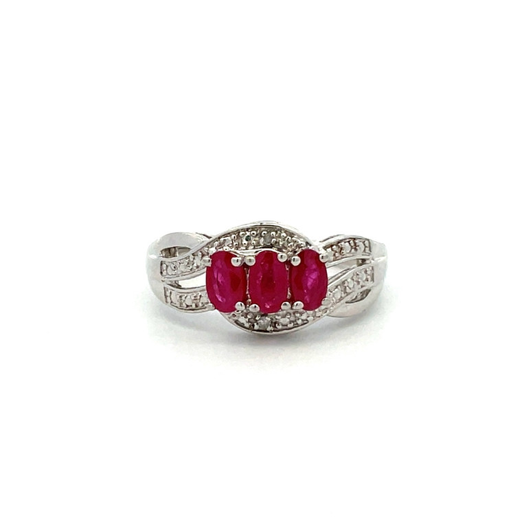 Sterling Silver Three-stone Ruby with CZ accents Ring Size 7
