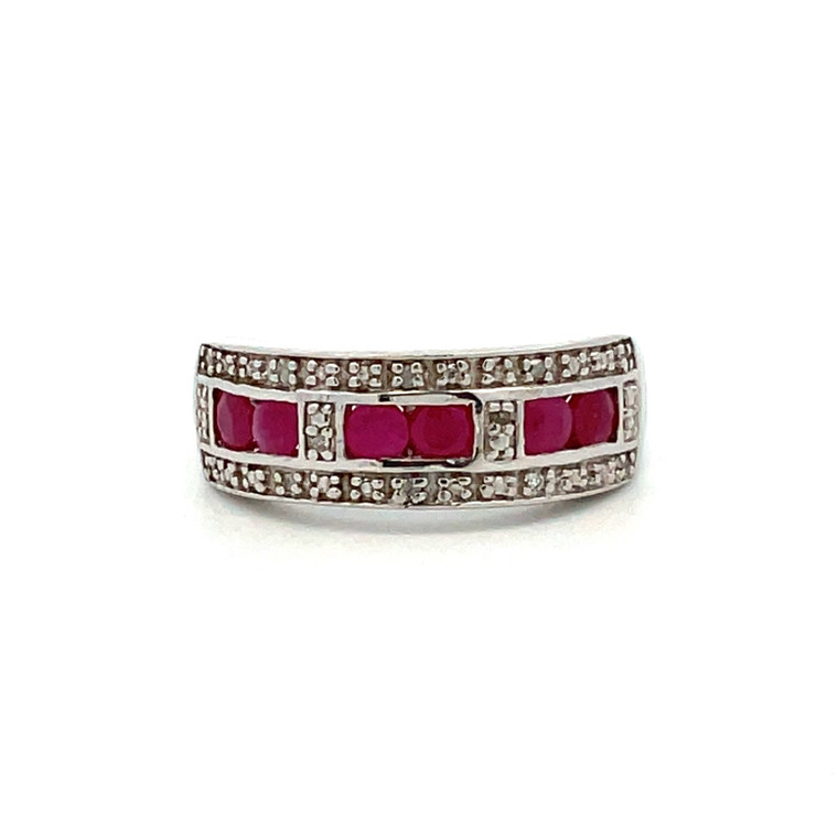 Sterling Silver Ruby with CZ Accents Art Deco Inspired Band Ring Size 7