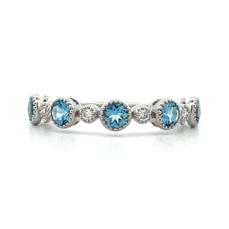 14K White Gold Round Aquamarine with Diamonds Band Ring Size 6.5