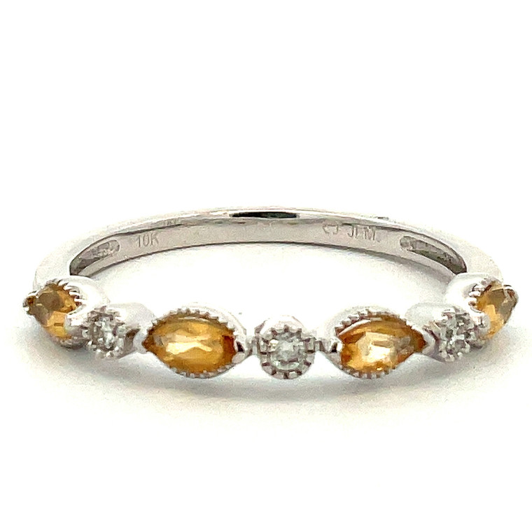 10K White Gold Alternating Yellow Citrine Leaves and Diamond Bezels Band Ring Size 7.5
