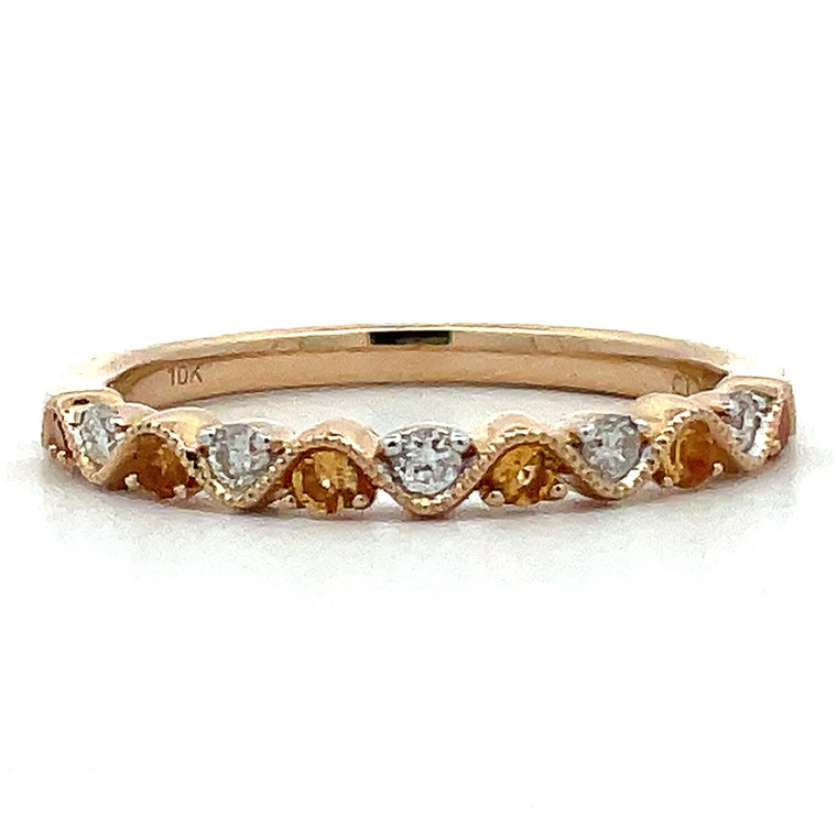 10K Gold Alternating Orange Citrine Bezels with Diamond Bezels Ornate Ring Size 7