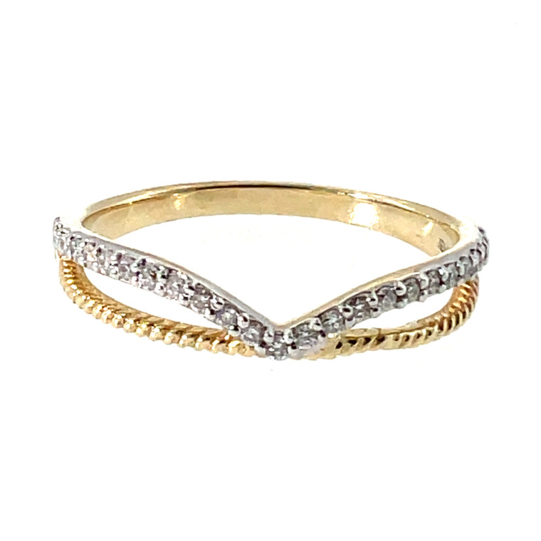 10K Gold Double Band Diamond Wave and Gold Beaded Band Ring Size 7