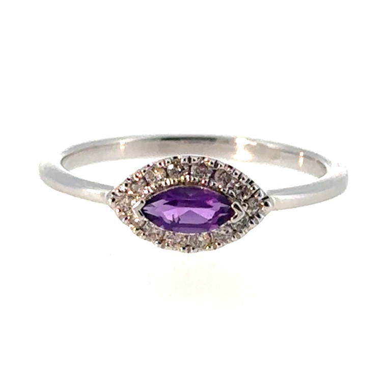 10K White Gold Amethyst Marquise Surrounded with Diamond Bezels Ring Size 7