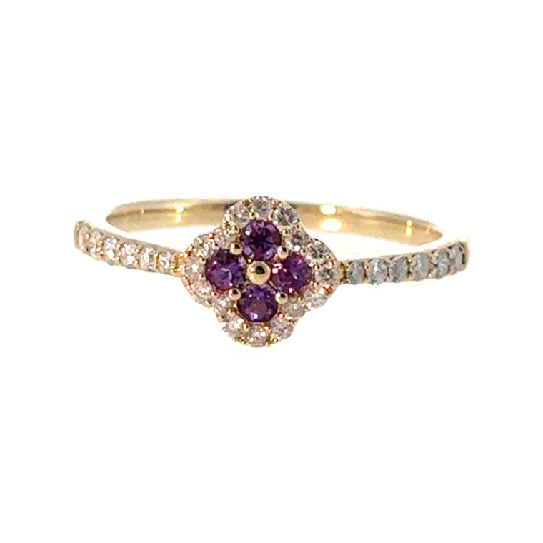 10K Gold Amethyst Flower Surrounded with Diamond Bezels Ring Size 6.75