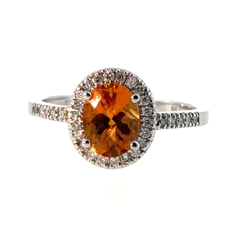 14K White Gold 1.0tw Orange Citrine Oval with .15tw Diamond Bezel Halo Ring Size 6.75