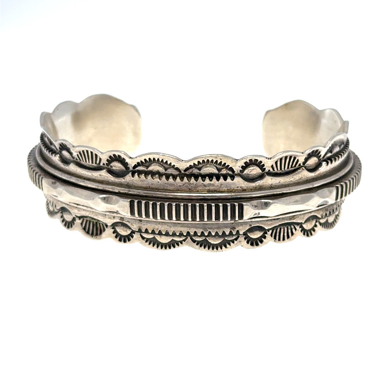 Vintage Navajo Stamped Sterling Silver Scalloped Edge Open Cuff Bracelet - Signed R. Tolino