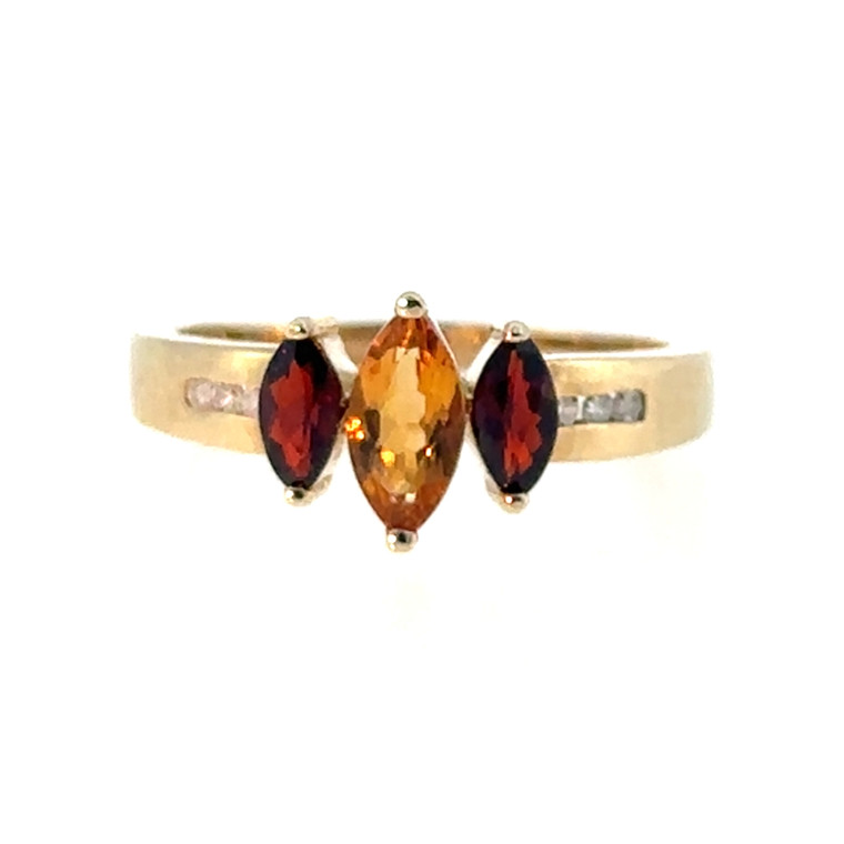 10K Gold Orange Citrine Central Marquise and Bilateral Garnet Marquise Flanked by Diamonds Ring Size 7