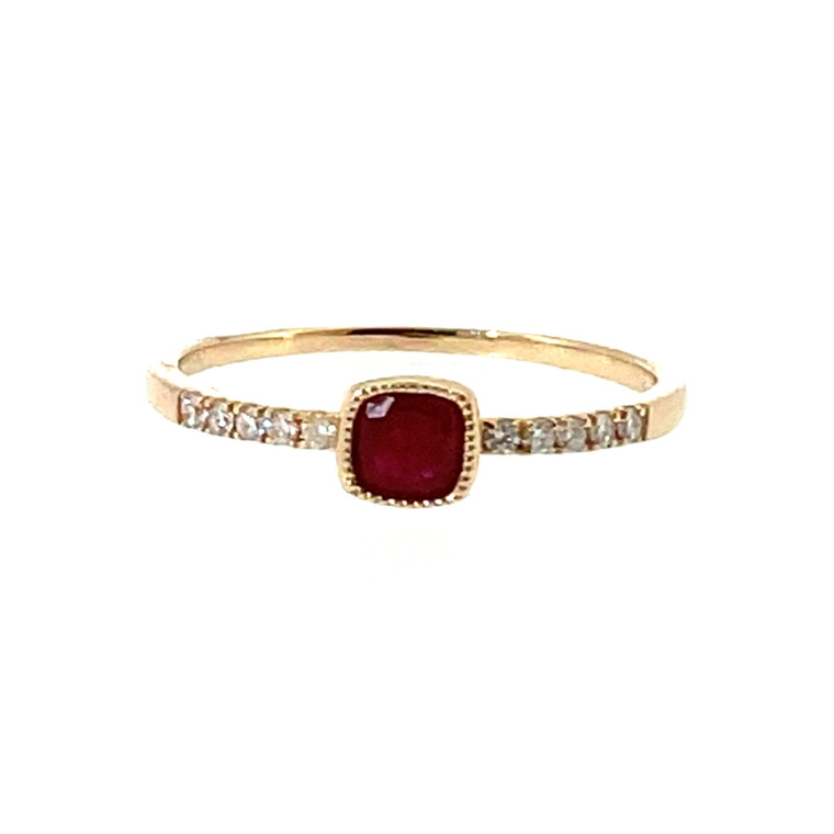 14K Gold .35tw Ruby Square with Cascading .09tw Diamond Bezels Ring Size 7