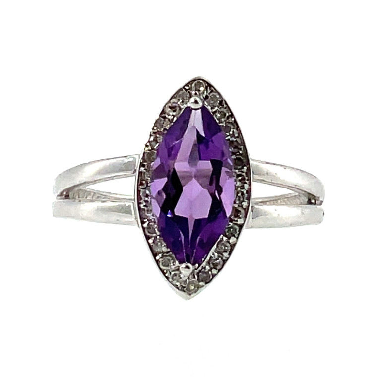 10K White Gold 1.50tw Amethyst Marquise with a .13tw Diamond Halo Double Band Ring Size 7