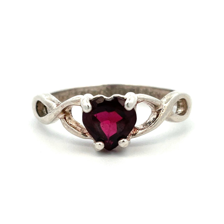 Sterling Silver Heart Cut Garnet Solitaire with Infinity Twist Band Ring Size 6.75