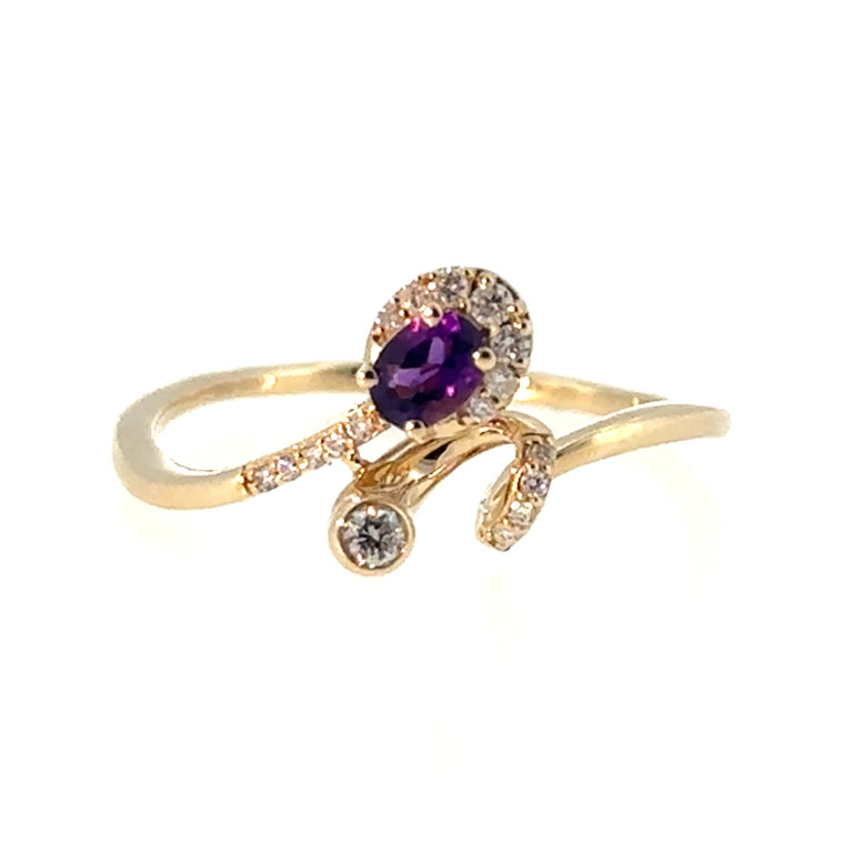 10K Gold .16tw Amethyst Oval with .10tw Diamond Halo and Accented Curlicue Bypass Band Ring Size 7