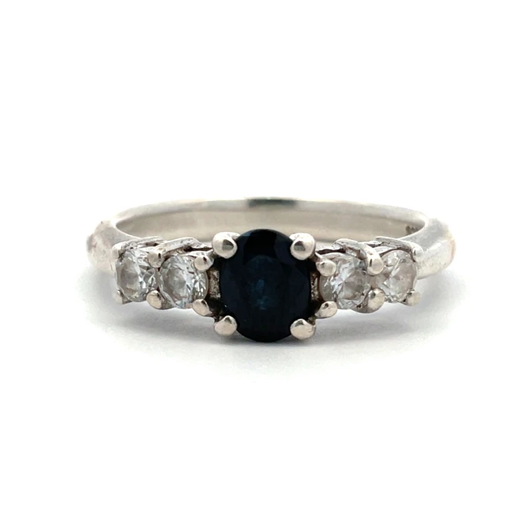 Sterling Silver Five-stone Oval Cut Sapphire and CZ Ring Size 8.25