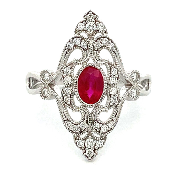 14K White Gold Vintage-Inspired Filigree 0.60ct Oval Ruby with 0.26cttw Diamond Accents Ring Size 6.75