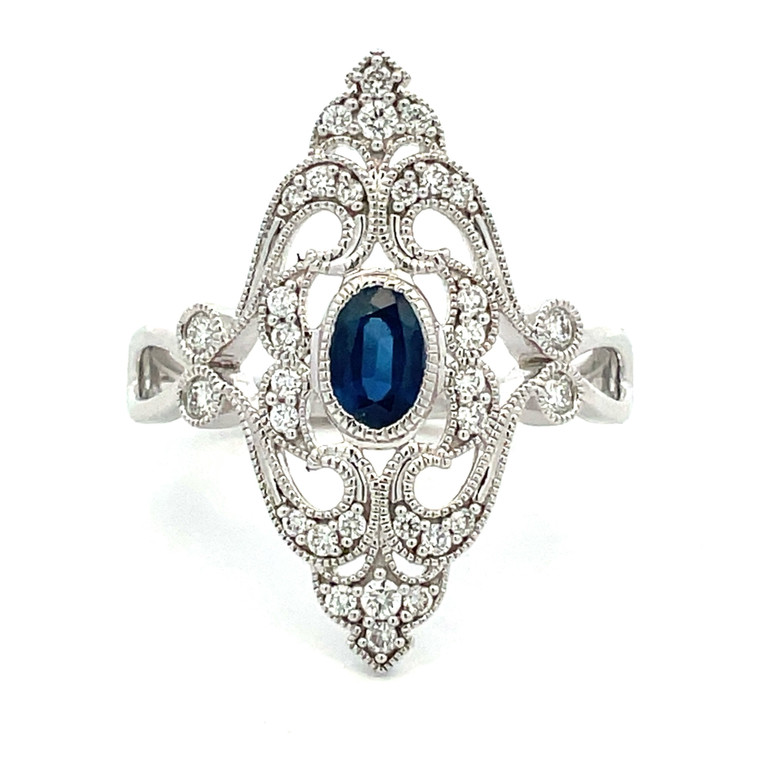 14K White Gold Vintage-Inspired Filigree 0.63ct Oval Sapphire with 0.26cttw Diamond Accents Ring Size 6.75