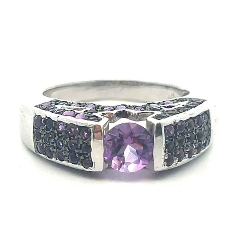 Sterling Silver Amethyst Semi Bezel Set Statement Ring Size 9