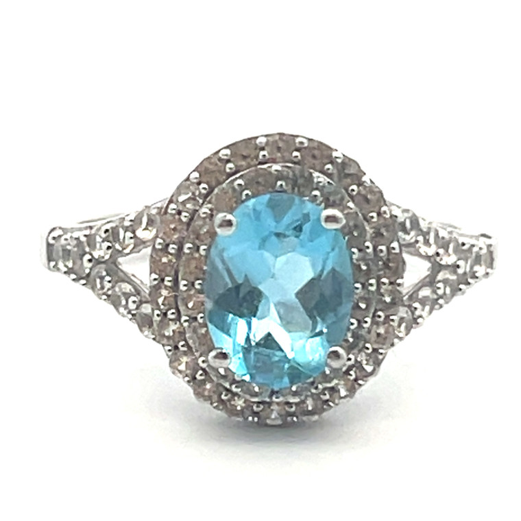 Sterling Silver Blue Topaz Oval Cut With White Sapphire Halo Fashion Ring Size 7