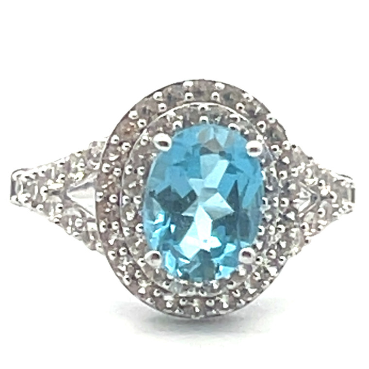 Sterling Silver Blue Topaz Oval Cut With White Sapphire Halo Fashion Ring Size 5