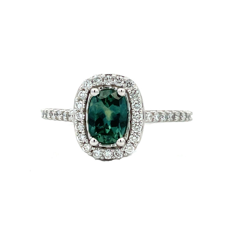 10K White Gold Green Sapphire Cushion Oval with Diamond Halo Ring 7