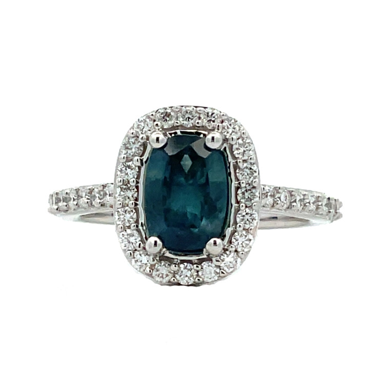 10K White Gold Blue Sapphire Cushion Oval with Diamond Halo Ring 5