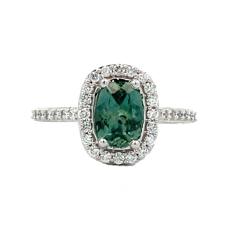 10K White Gold Green Sapphire Cushion Oval with Diamond Halo Ring 5