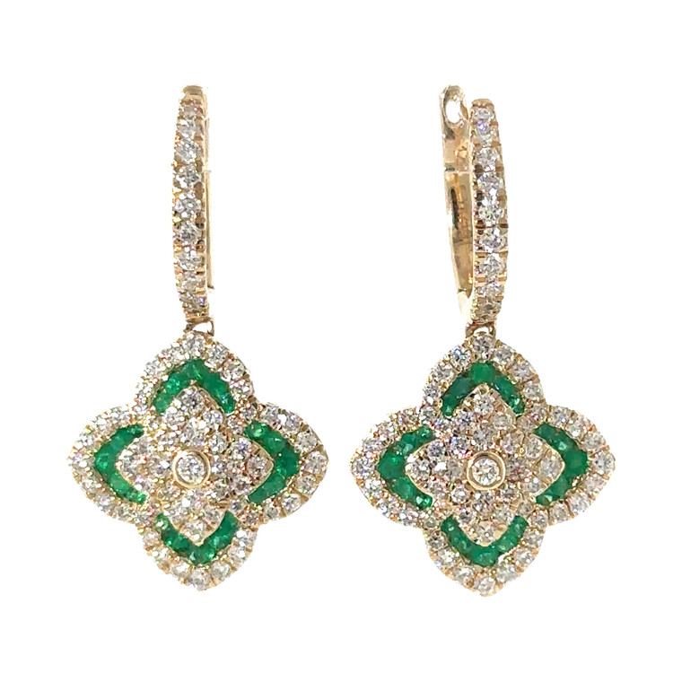 14K Gold .42tw Emerald Accented Flower with 1.30tw Diamond Petals and Middle Dangle Lever-Back Clasp Earrings