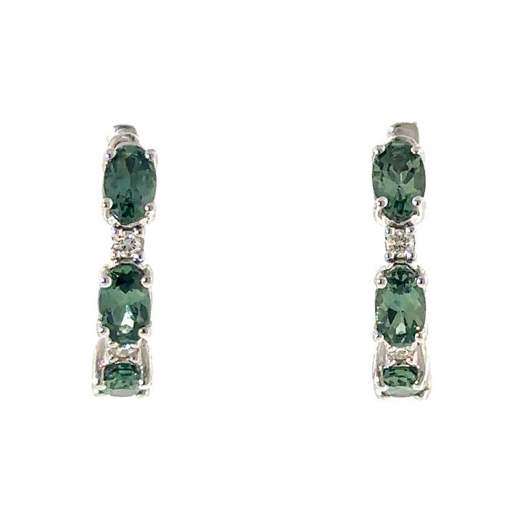 10K White Gold Alternating Green Sapphire and Diamond Hoop Lever-Back Clasp Earrings