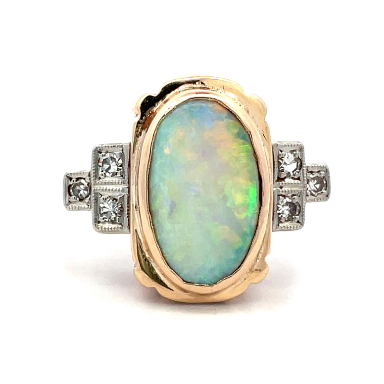 Vintage 14K Rose Gold Art Deco Oval Opal with Diamond Accents Ring Size 8