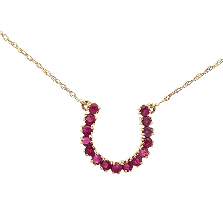 10K Gold 1.05tw Ruby Bezel Horseshoe Stationary Pendant 17.5" Chain Necklace