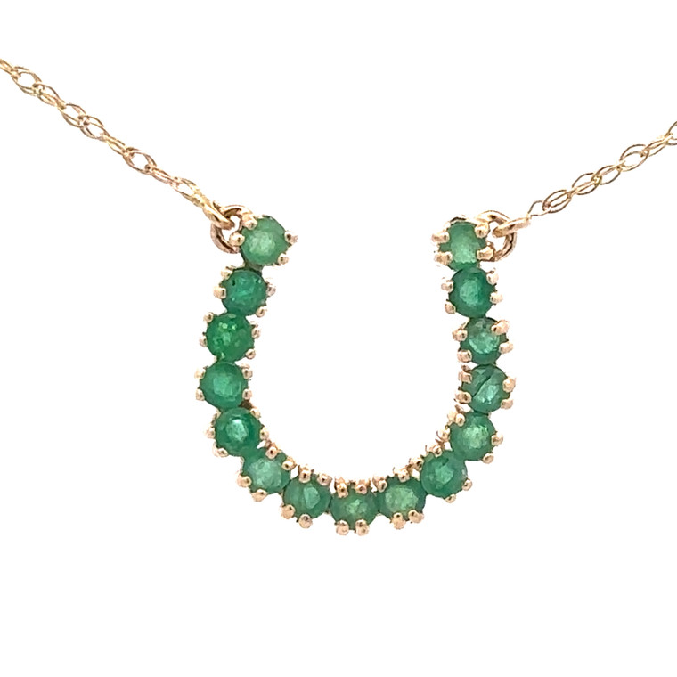 10K Gold .75tw Emerald Bezel Horseshoe Stationary Pendant 17" Chain Necklace