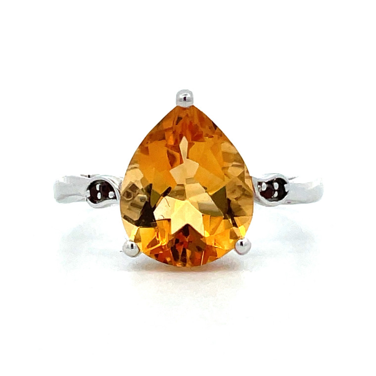 14K White Gold Pear Citrine with Round Garnet Accents Ring Size 6.75