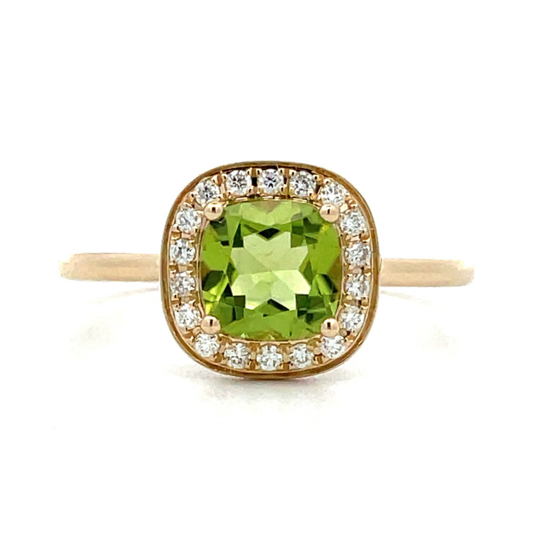 14K Yellow Gold 0.94ct Cushion Cut Peridot with 0.10cttw Diamond Halo Ring Size 7