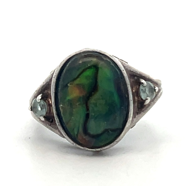 Sterling Silver Abalone Oval Cut With Blue CZ Accents Statement Ring Size 7